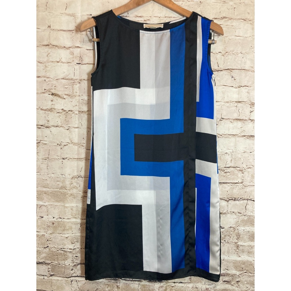 Michael Kors Shift Dress Women XS Cobalt & Black Retro Colorblock Aysmmetric Art
